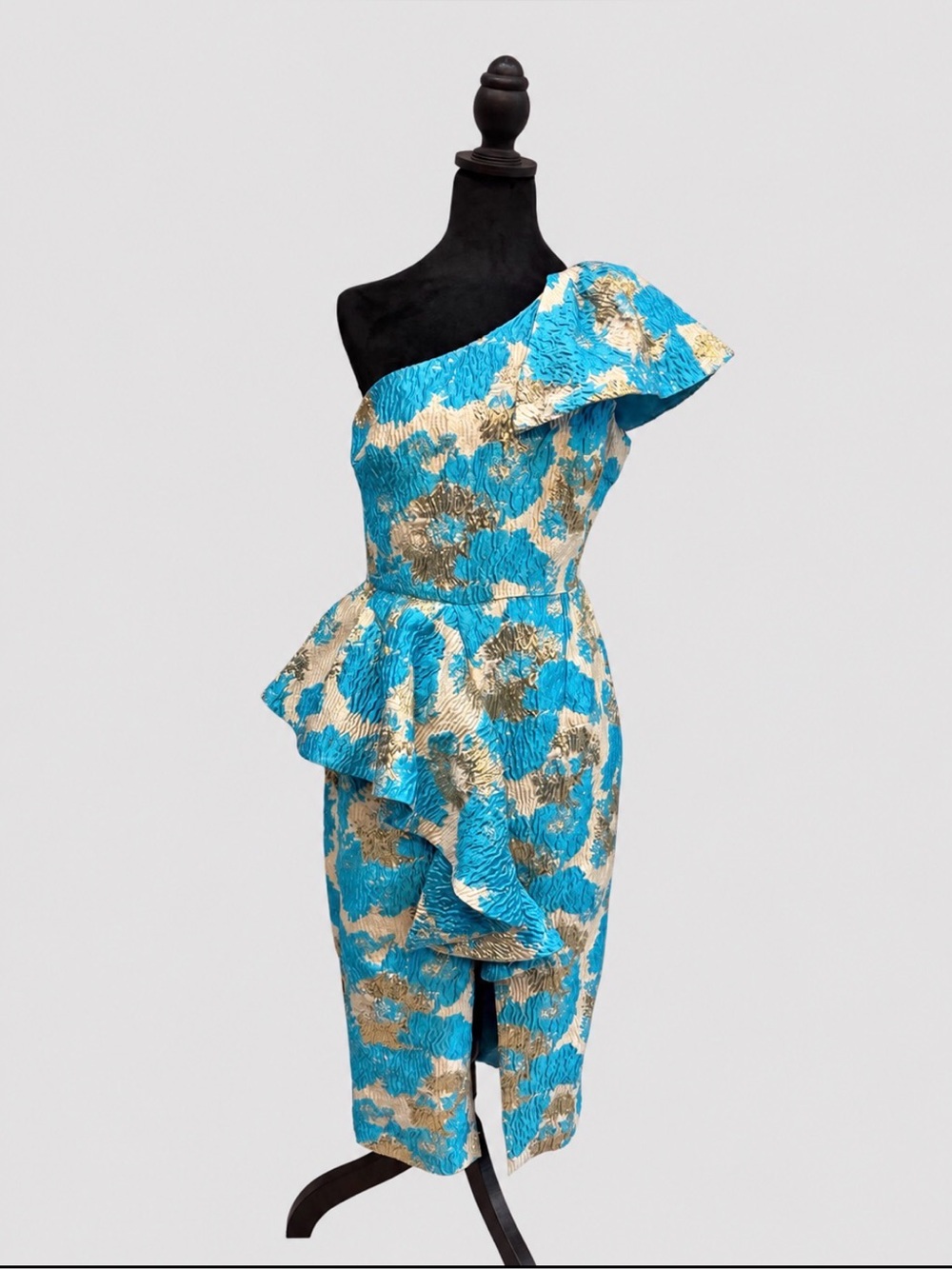 💙✨ Turquoise & Gold One-Shoulder Peplum Dress — Size M